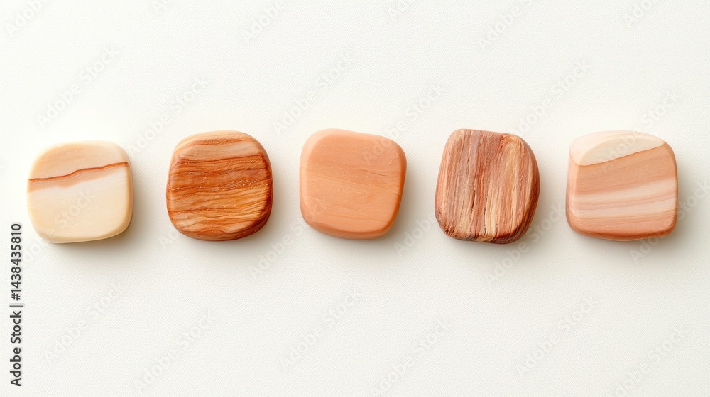 Poster a collection of five natural stone shapes, each with a unique pattern and color, arranged in a row.