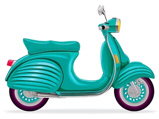 Teal vintage scooter illustration, side view, classic design, two wheels, headlight