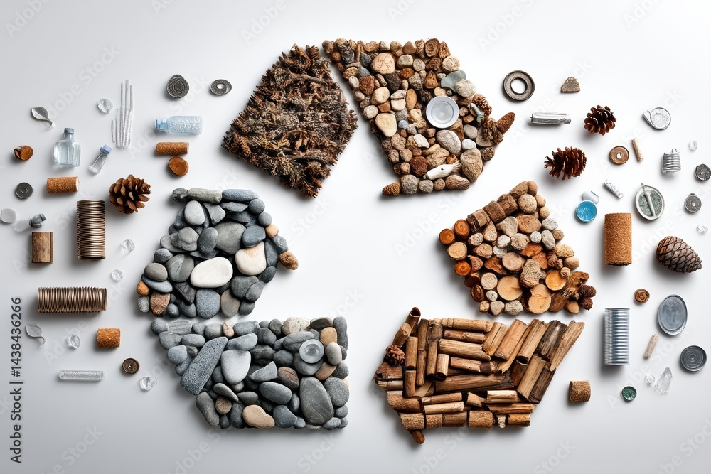 Aufkleber recycling symbol creatively crafted from various natural and manmade materials on a clean white back