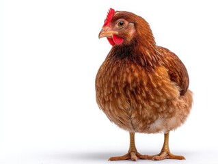 Brown chicken standing upright on white surface in full side profile with detailed feathers and natural farm stance representing rural animal symbolism and poultry body shape structure