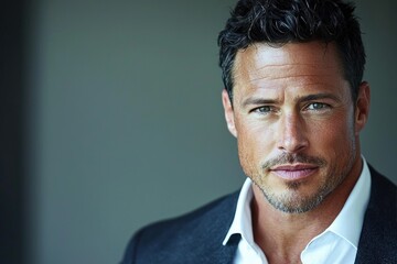 A handsome man with short, dark hair and a serious expression, wearing a suit and white shirt.