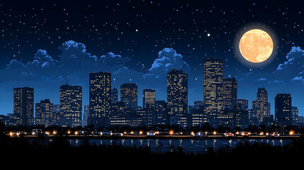 Cityscape at night with full moon