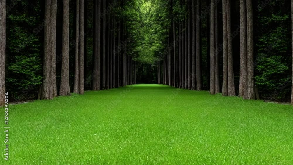 Poster lush green pathway through tall trees in a tranquil forest setting surrounded by vibrant nature and 