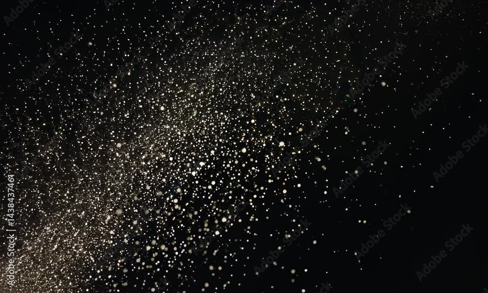 Poster natural organic dust particles floating on black background. glittering sparkling particles randomly