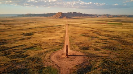 A long, straight road leads to a tall, slender, reddish-brown obelisk in a vast, open landscape.