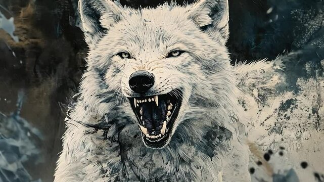 A ferocious white wolf snarls fiercely with bared teeth against an intense, abstract snowy background