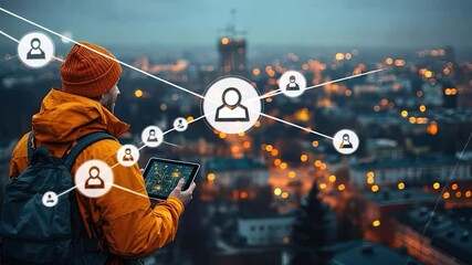 Man Using Tablet With Person Icons Over Cityscape At Night - Powered by Adobe