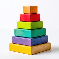 Stacked colorful wooden blocks toy on white background