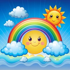 Fototapeta premium Cheerful sun, rainbow, and clouds above wavy water