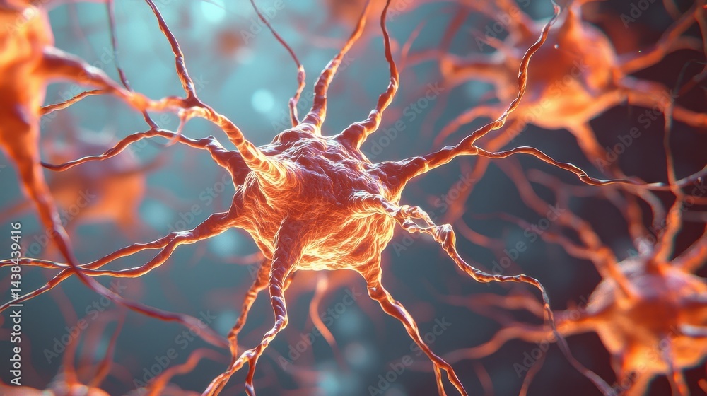 Poster detailed close-up of a human neuron with synaptic connections