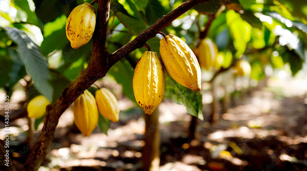 Poster closeup of ripe cocoa pods hanging on a tree branch in a lush green cocoa plantation for agricultura