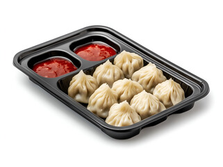 Nepalese traditional dumpling momos (steamed / fried) served with tomato chutney, Shewan sauce, isolated on white background.