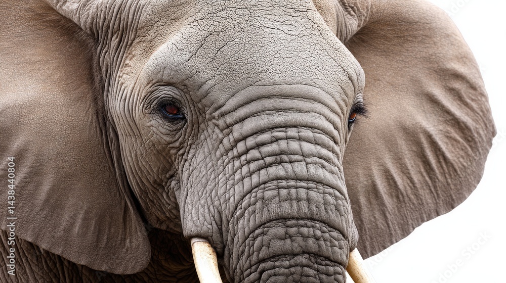 Poster elephant face extreme closeup centered in soft light and tight crop isolated against white backgroun