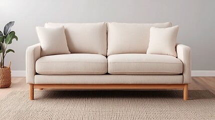 Fototapeta premium Stylish modern sofa with cushions in a living room setting, showing comfortable and minimalist home interior design.