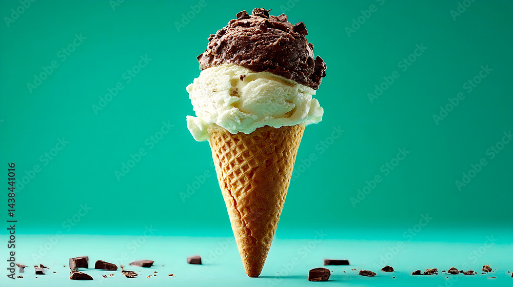 Poster delicious ice cream cone with rich chocolate and vanilla scoops on vibrant background : generative a