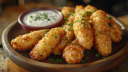 **Crunchy Deep-Fried Pickles Served With Creamy Ranch Dip On A Rustic Wooden Plate, Styled For Southern Snack Bar Or Burger Joint Ad --Ar 16:9 --S 270** - @Darya (Relaxed)
