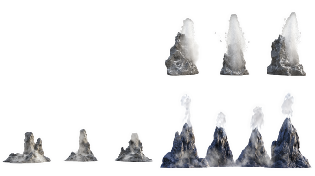 Collection of volcanic mountains with varying heights and shapes, isolated on white background.