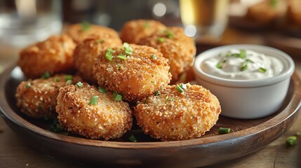 **Crunchy Deep-Fried Pickles Served With Creamy Ranch Dip On A Rustic Wooden Plate, Styled For Southern Snack Bar Or Burger Joint Ad --Ar 16:9 --S 270** - @Darya (Relaxed)