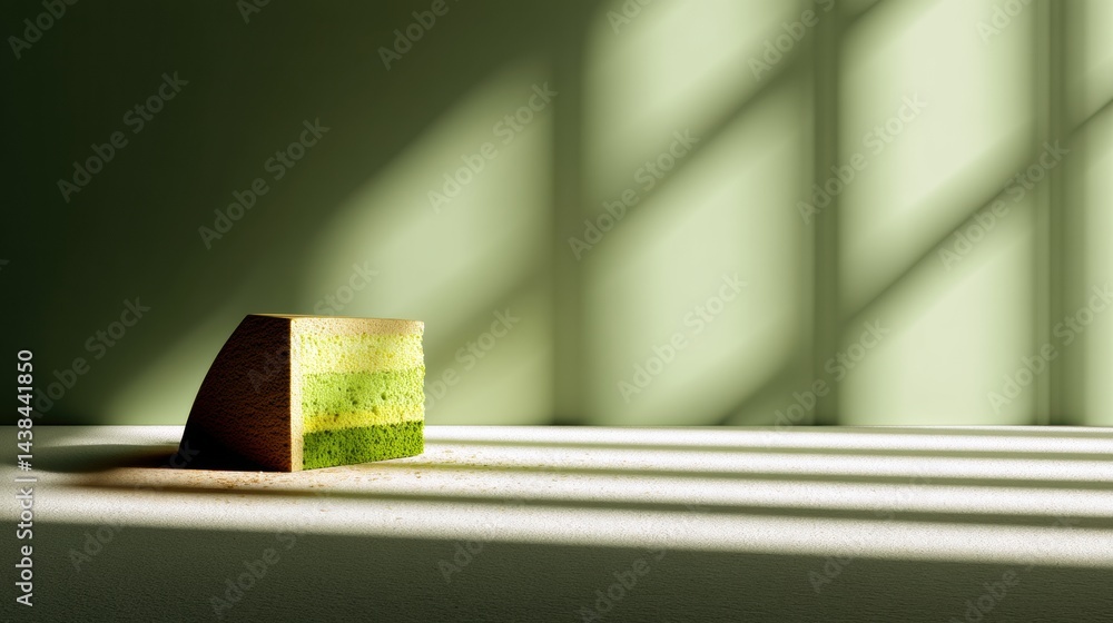 Poster minimalist matcha cake showcasing layers in soft light with abstract shadows at a serene dessert set