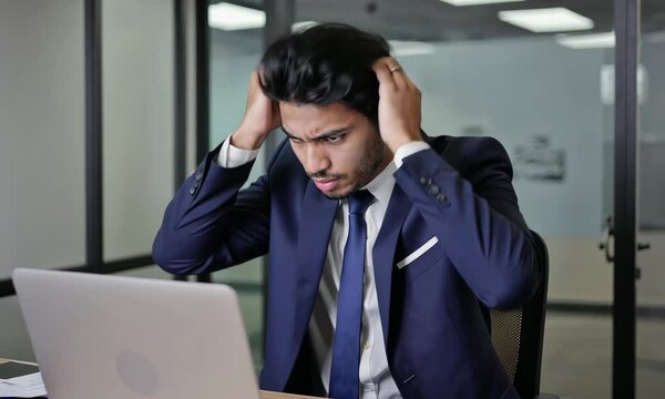 Panicked businessman facing computer problems, conveying frustration and technical difficulties