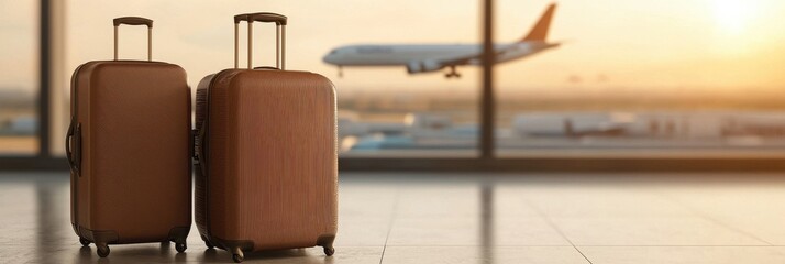 Luggage with Brown Suitcases and Airplane in Airport Terminal