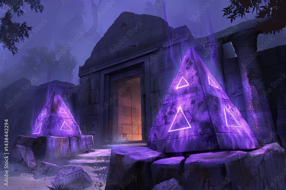 Poster mysterious ancient temple with glowing triangular symbols at night.