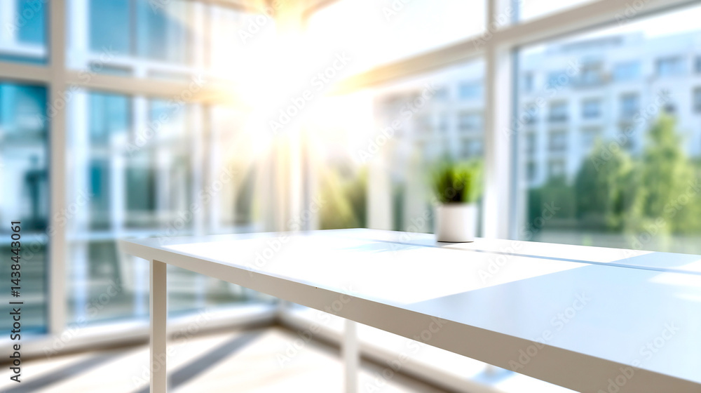 Poster bright and airy office interior featuring a minimalist white table bathed in sunlight streaming thro