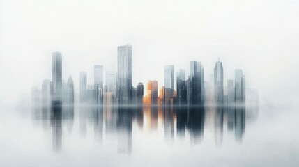 Fototapeta premium Misty cityscape reflection: futuristic skyline on a foggy horizon