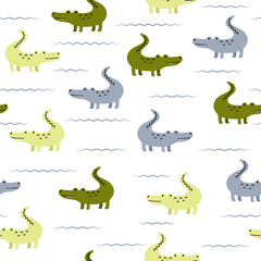 Seamless pattern with cute crocodiles and waves.