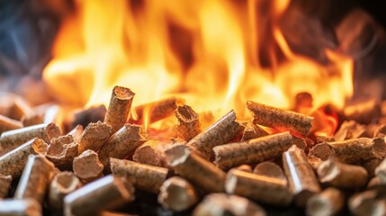 The image shows burning wood pellets, emitting flames and smoke, highlighting their use as a renewable energy source for heating and fuel.