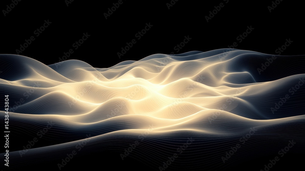 Poster a digital illustration of a wave-like pattern with a bright light source at the center.