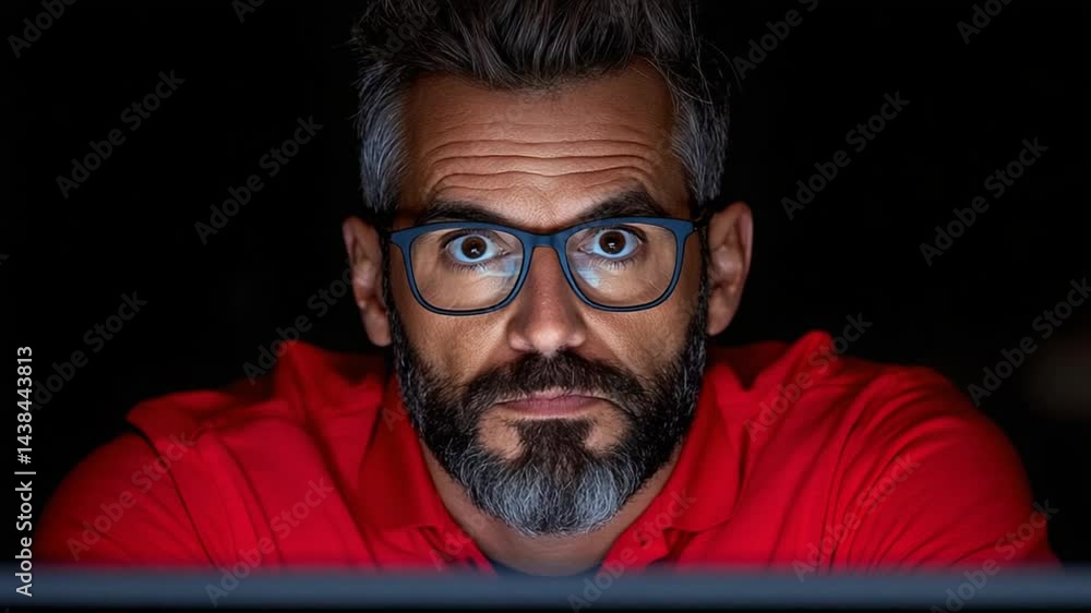 Poster intense close-up of a man with glasses and beard gazing at computer screen in dark environment