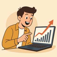 Young investor looking at rising stock chart on laptop, fintech concept, vector flat illustration