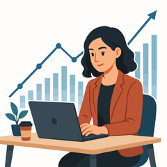Young professional woman working on a laptop, financial chart overlay, fintech startup concept, flat vector style