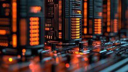 Futuristic tech glowing servers, complex details