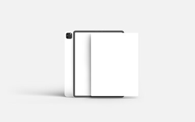 Tablet blank screen mockup and three screens floating in 3D rendering.