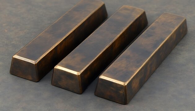 Three dark bronze ingots, rectangular, aligned