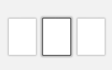 Tablet blank screen mockup and three screens floating in 3D rendering.
