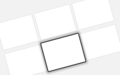 Tablet blank screen mockup and three screens floating in 3D rendering.