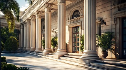 Fototapeta premium Symmetrical neoclassical columns and grand architectural facade high resolution picture