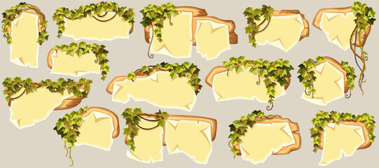 Wooden signboards with old paper, stems hedera helix, ivy, liana, grapes, vine. Set blank invitations, maps, jungle plants. 3d elements for messages, banners, applications, notebooks, mobile games.