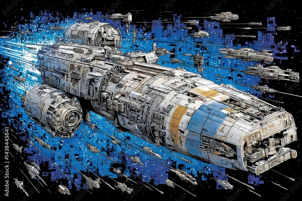 Poster futuristic spaceship traveling through space with dynamic motion effects.