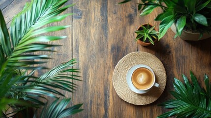 Fototapeta premium Flyer mockup on cafe table surrounded by plants and a coffee cup