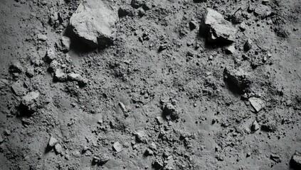 Dusty, rocky extraterrestrial surface. Mixture of large and small rocks embedded in fine-grained gray dust. Surface texture resembles lunar or asteroid terrain