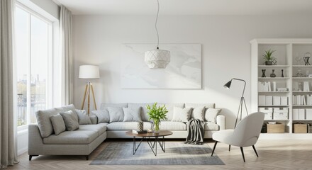 Stylish and bright living room in minimalist Scandinavian style with a gray corner sofa, armchair, wooden coffee tables and abstract paintings on a white wall. Modern and cozy interior for relaxation