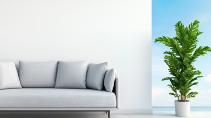 Modern Living Room with Couch and Decorative Plant Against Wall
