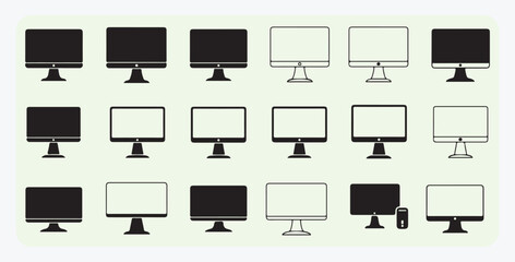 Computer Icons Set – Desktop Monitor Display Screen Collection in Flat and Line Styles, computer, monitor, desktop, screen, display, device, technology, icon, set, flat, line, collection, pc