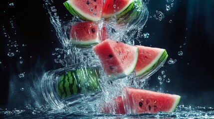Magical Tornado of Water, Ice, and Watermelon Pieces Swirling Together With Glowing Lights Against a Dark Background in a Stunning Marketing Concept