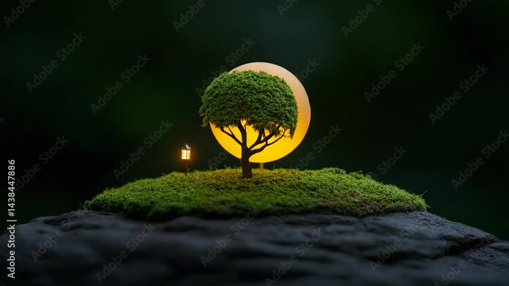 Poster enchanting miniature landscape featuring tree and lantern surrounded by moss and a glowing backgroun