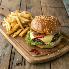Flat lay of a gourmet burger with a sesame seed bun, melted cheese, lettuce, tomato, and crispy fries on a rustic wooden table.